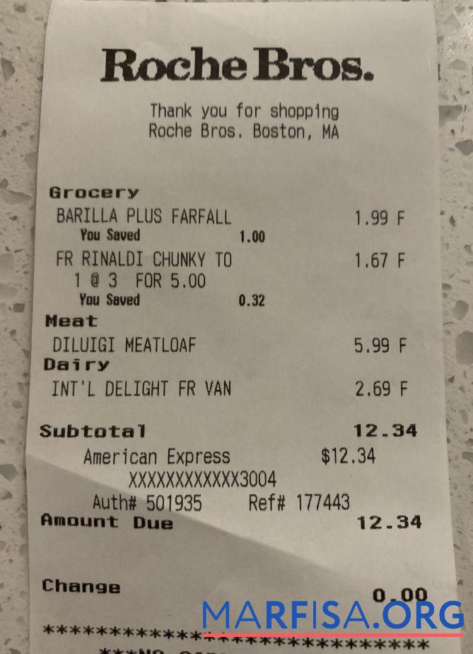 Printable Roche Bros supermarket check real example
